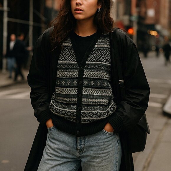 Men's Black and Gray Patterned Sweater - Picture 12 of 12